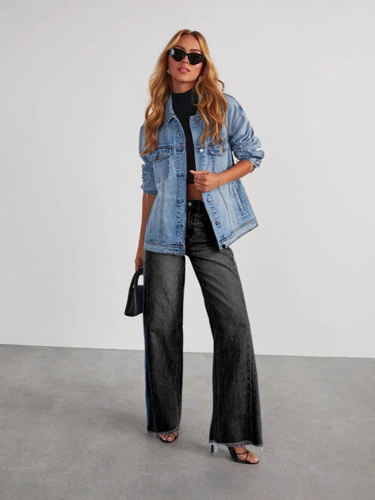 Loose-Fit Wide Leg Denim Pants with Contrast Stitching