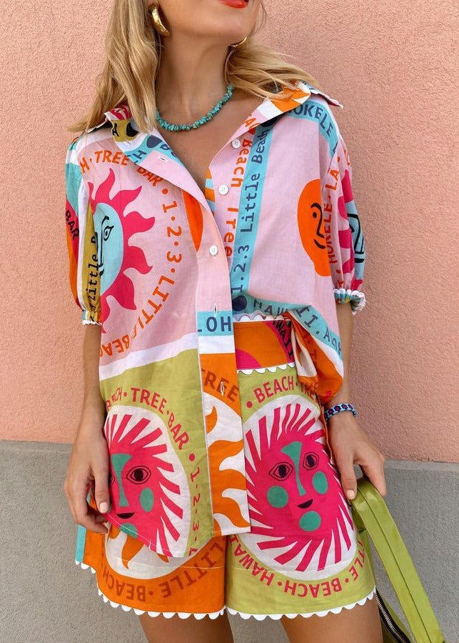 Graphic Sun Print Puff Sleeve Cotton Set