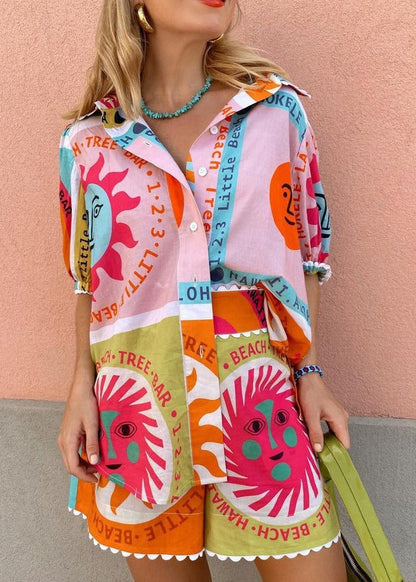 Graphic Sun Print Puff Sleeve Cotton Set