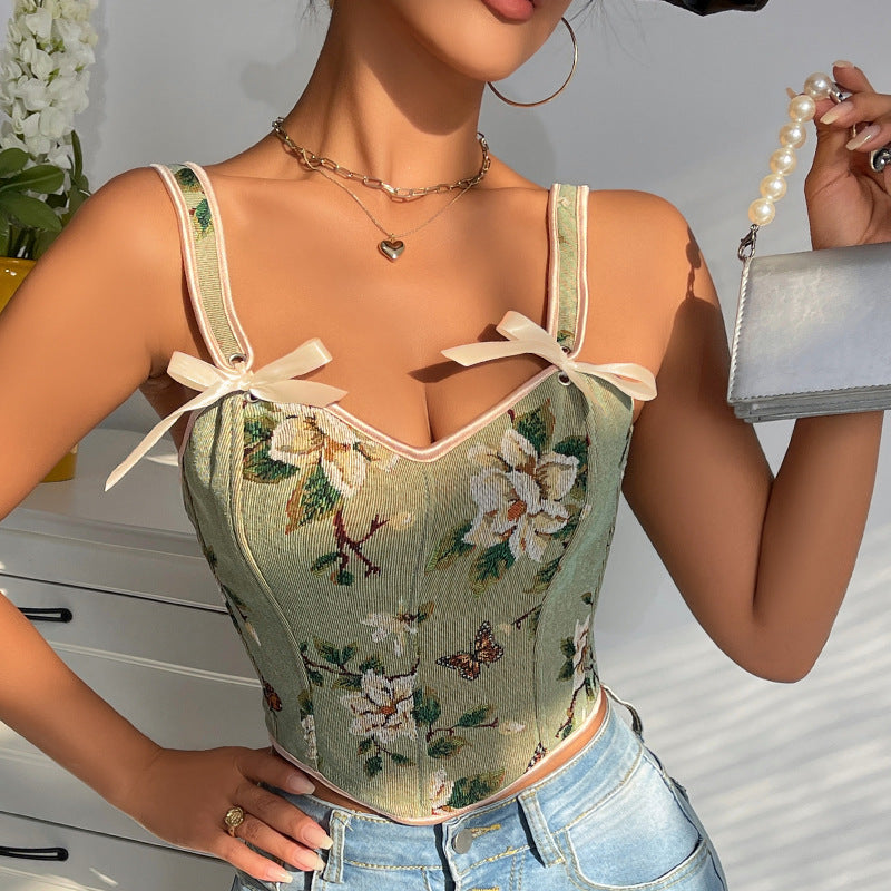 French Bow Tie Floral Print Shaping Tank Top For Women