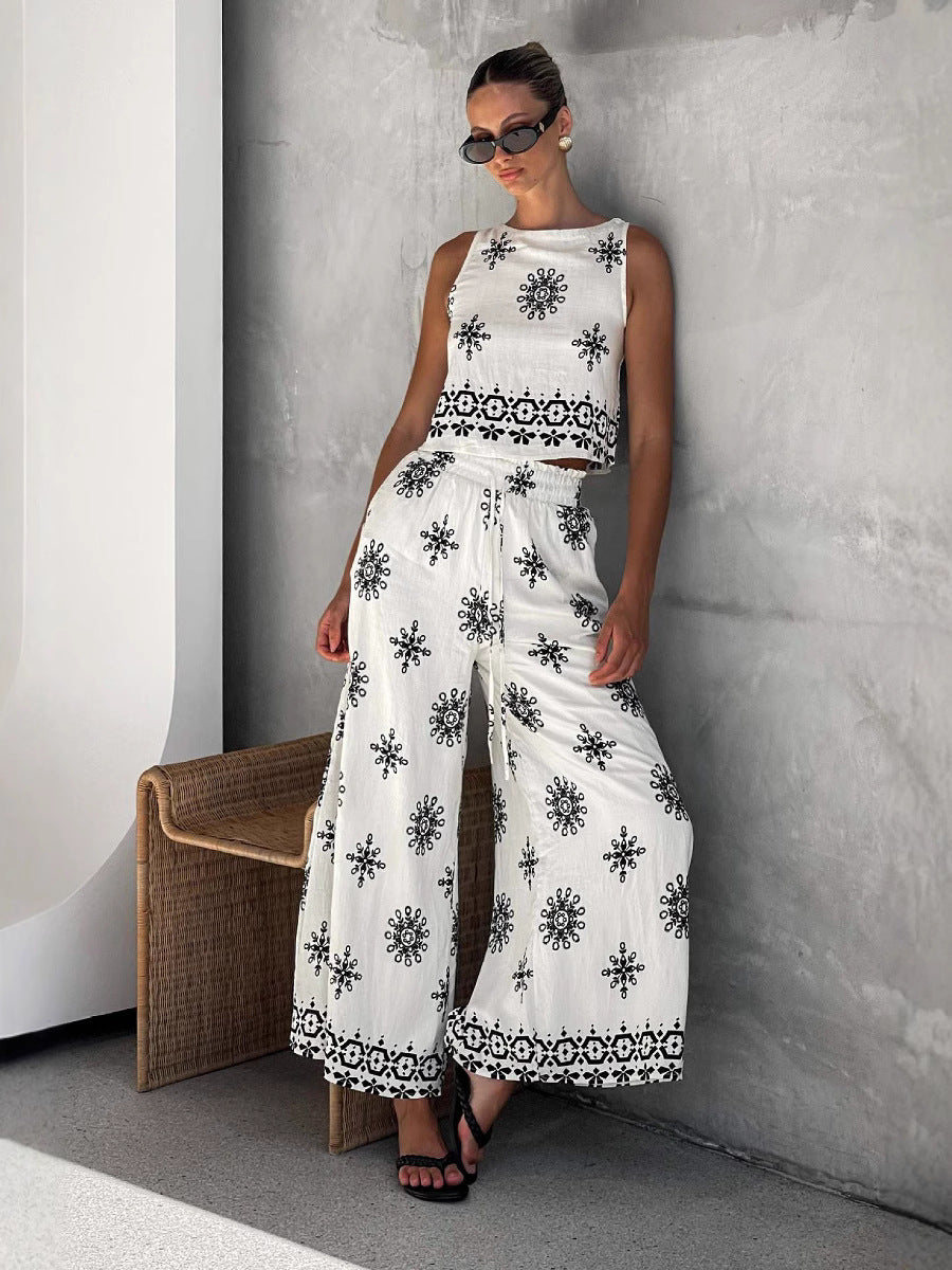 Elegant Floral Linen Waistcoat & Wide-Leg Trousers Set
