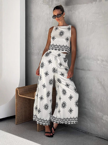 Elegant Floral Linen Waistcoat & Wide-Leg Trousers Set