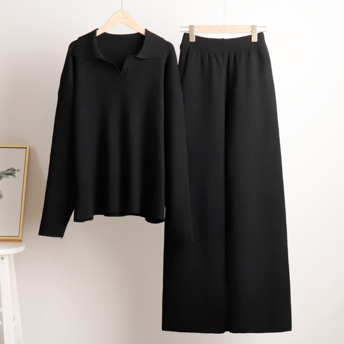 Knitted Sweater Set with Polo Neck and Wide Leg Pants for Casual Style