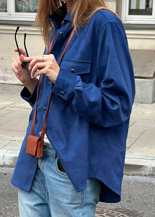 Oversized Suede Button Up Shirt Navy