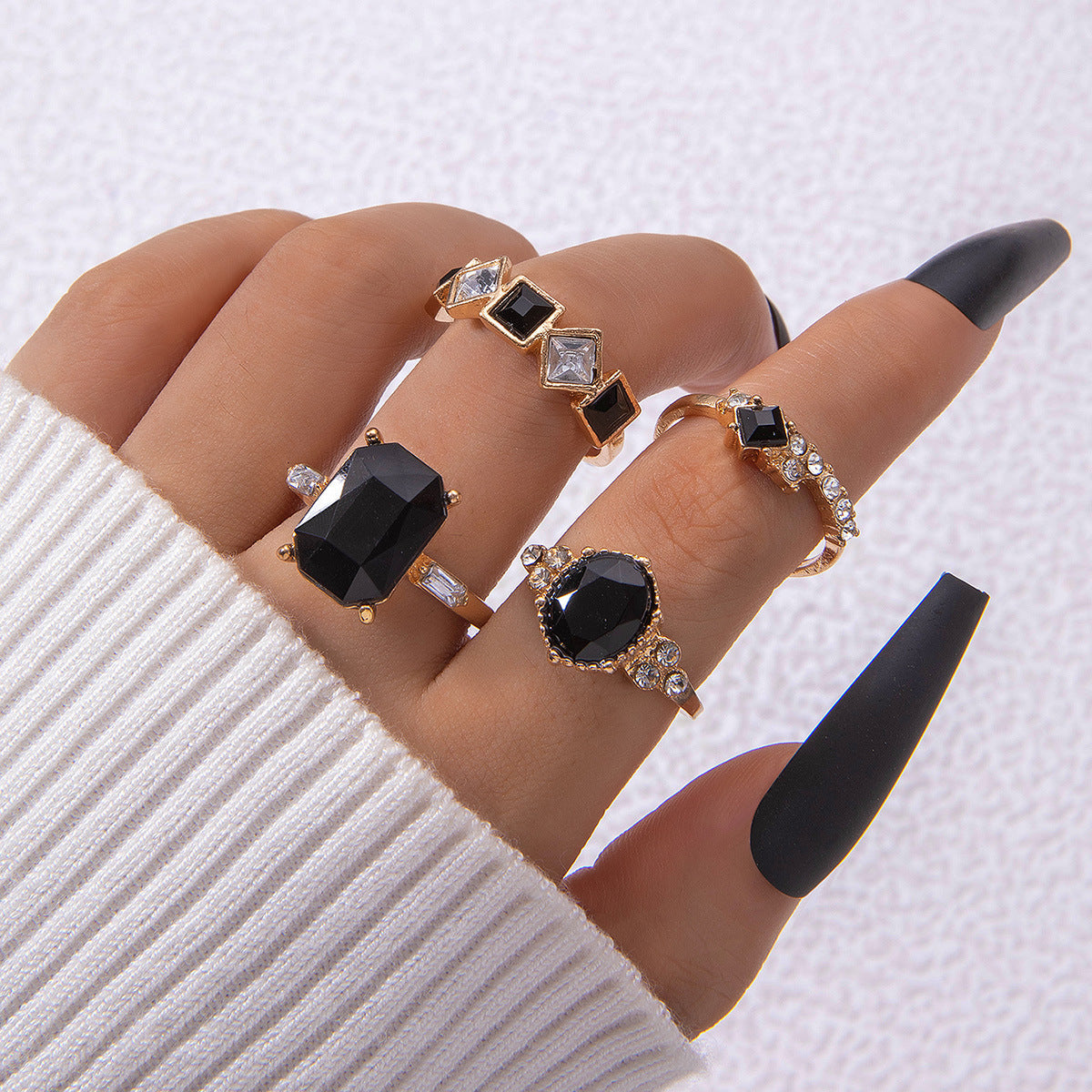 Geometric Gemstone Ring Set Fashionable Zinc Alloy Stackable Rings