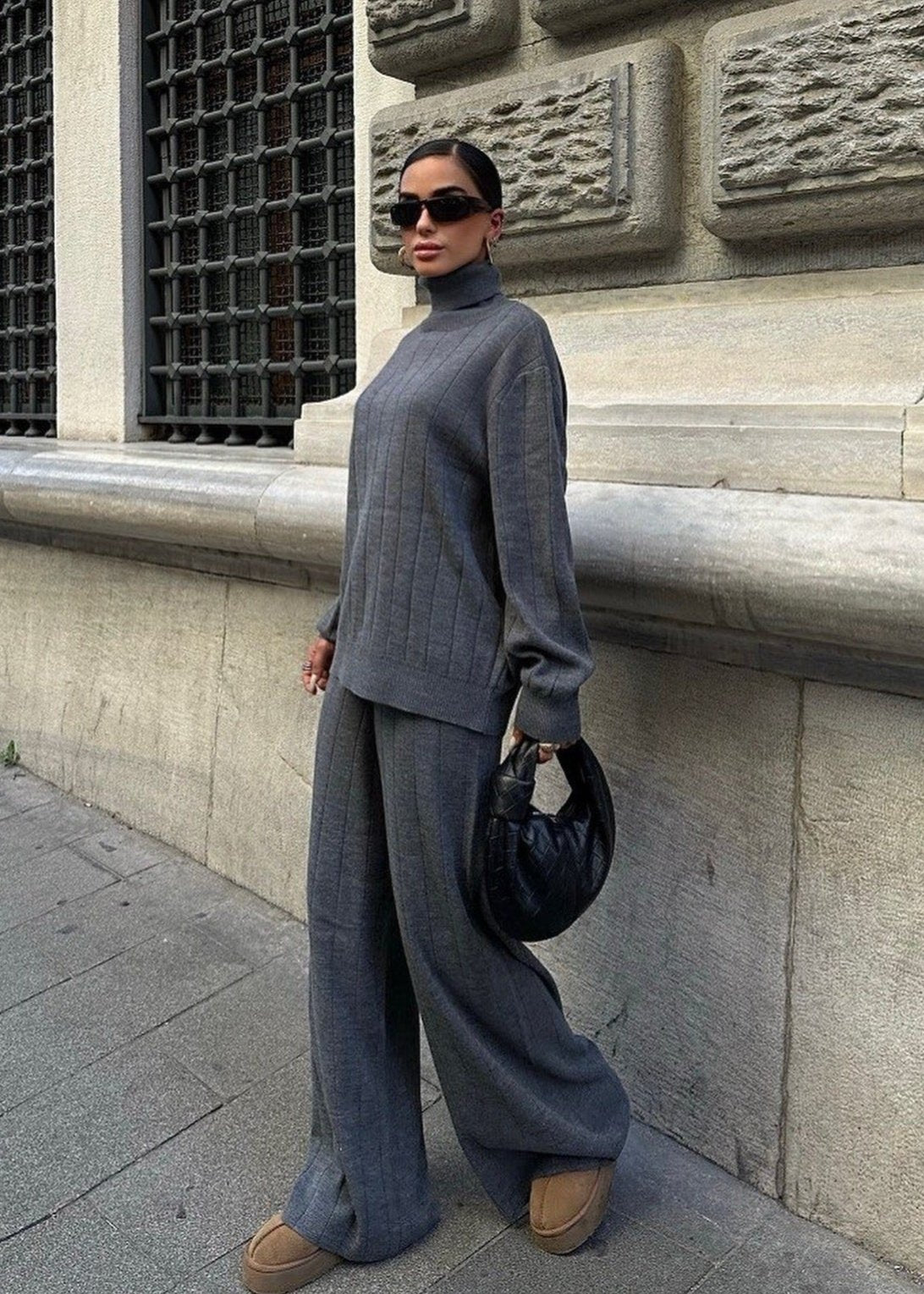 Charcoal Knitwear Set With High Neck And Wide Leg Trousers