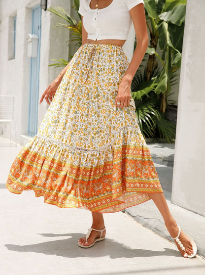 Lace-Paneled Maxi Skirt Man Cotton Bohemian Beach Resort-Inspired Skirt