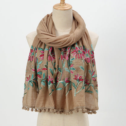 New Embroidered Furball Scarf, Cotton And Linen Shawl, Women'S Ethnic Style Retro Style, With Spring And Autumn Scarf