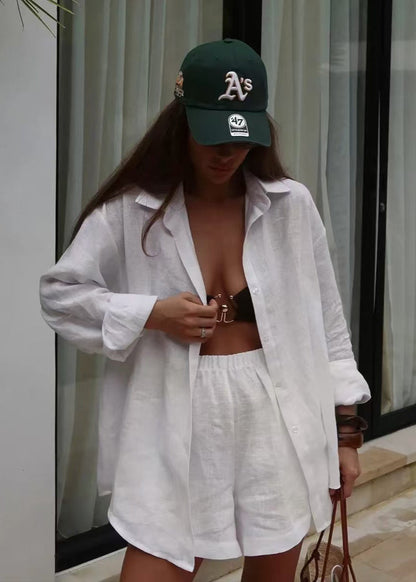 White Linen Shirt And Shorts Set Lightweight