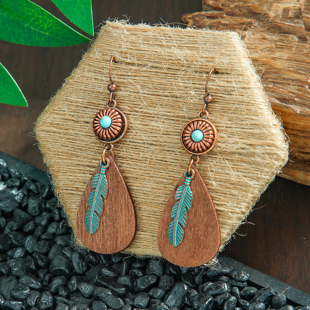 Bohemian Leaf Tassel Earrings Metal Leather Drop Dangle