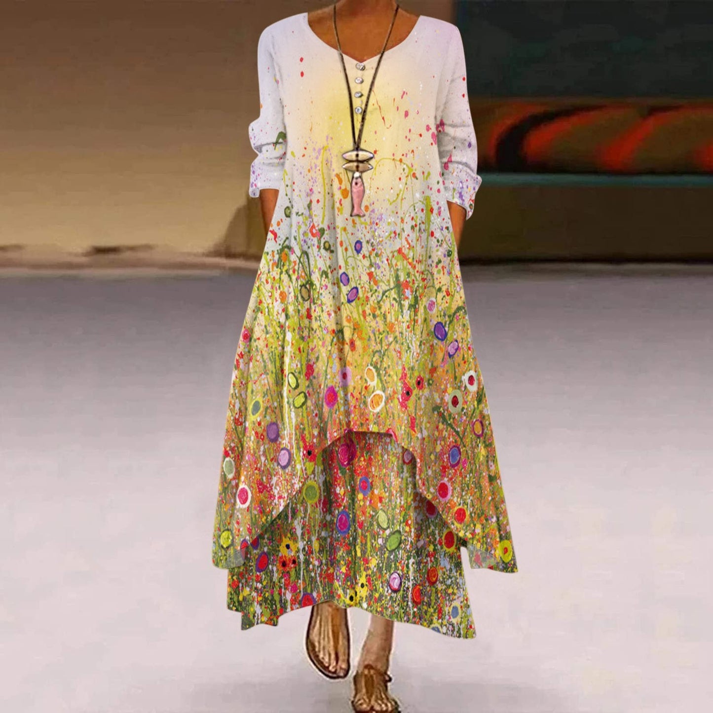 Women'S Pocket Hem Printed Round Neck Irregular Long Sleeve Dress