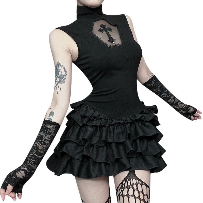 Gothic Hollow Cross Bodycon Pleated Dress