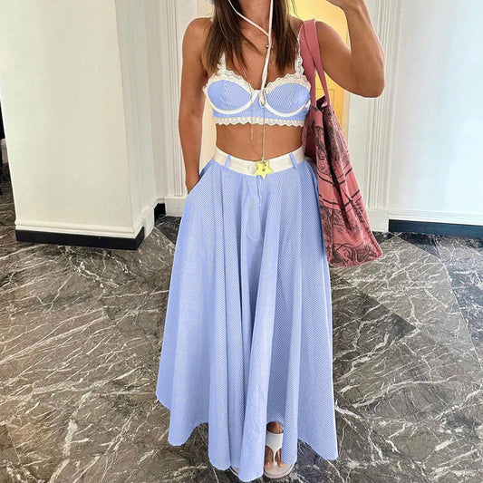Trendy Lace Patchwork Sleeveless Top & Flowing Skirt Set