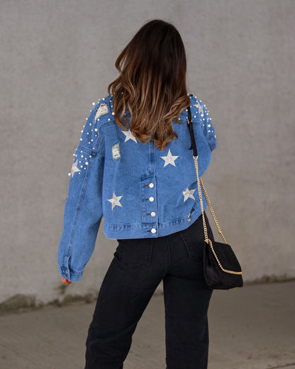 Fashionable Plus Size Denim Jacket with Beaded Details
