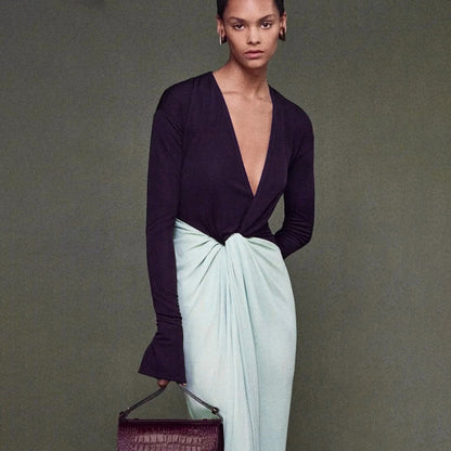 Elegant Deep V-Neck Long Sleeve Maxi Dress