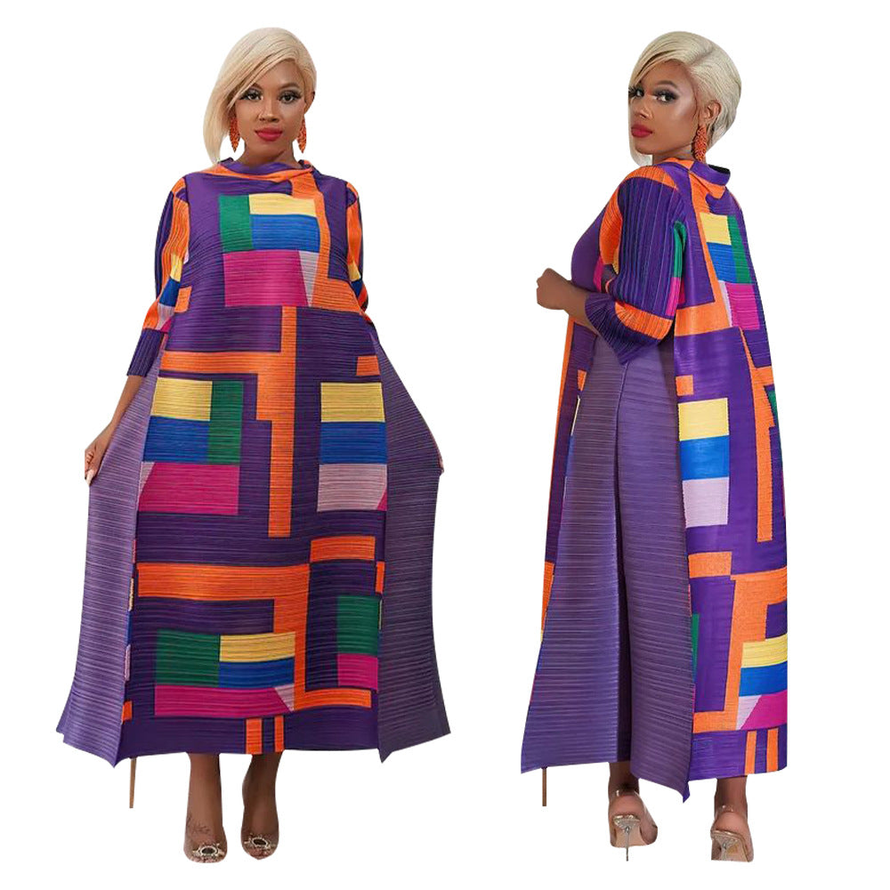 Fashionable Pleated Dress With Round Neck Print