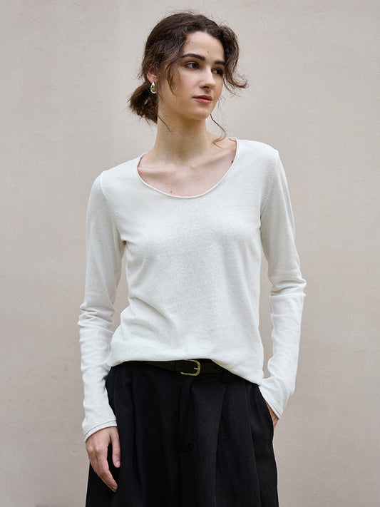 Classic U-Neck Long Sleeve Knit Top in Cotton-Linen Blend