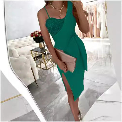 One-Shoulder Sequin Dress Trendy Sleeveless Long Evening Gown