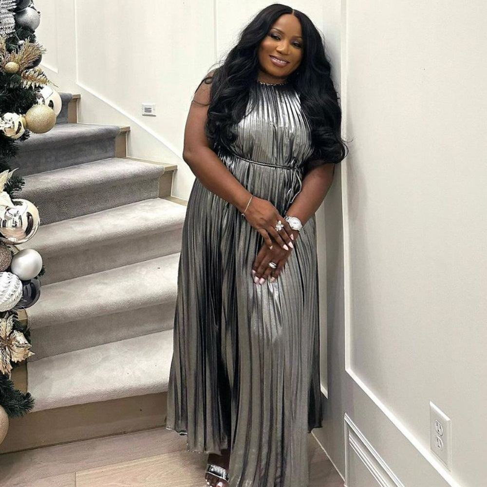 Elegant Silver Sleeveless Pleated Maxi Dress