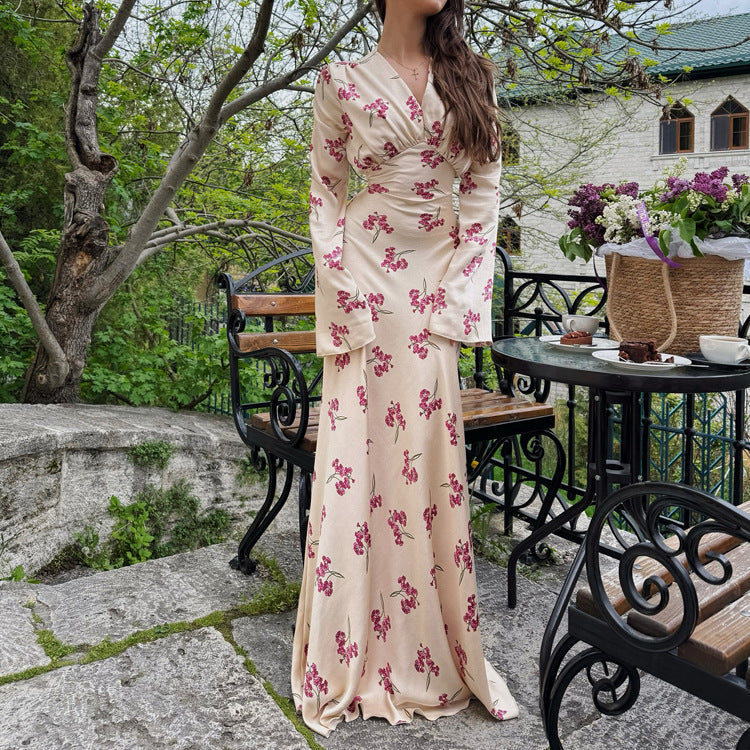 Elegant Floral Print Satin Maxi Dress with V-Neck and Long Sleeves