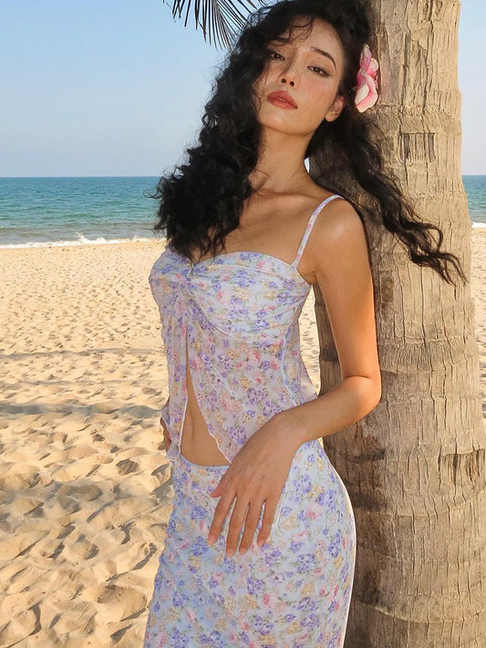Sexy Floral Mesh Layered Cami Midi Dress Set