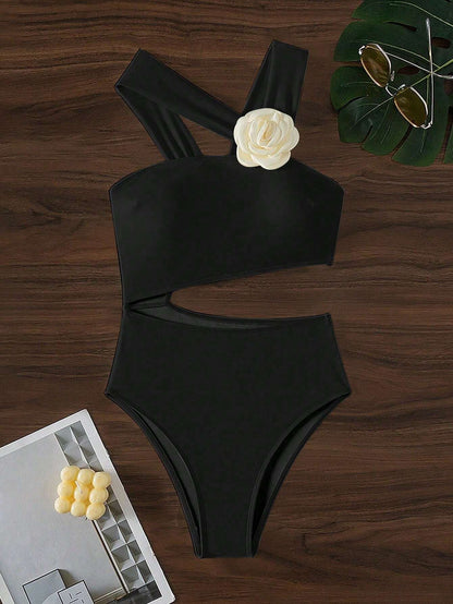 White Flower Solid Color One Piece Swimwear