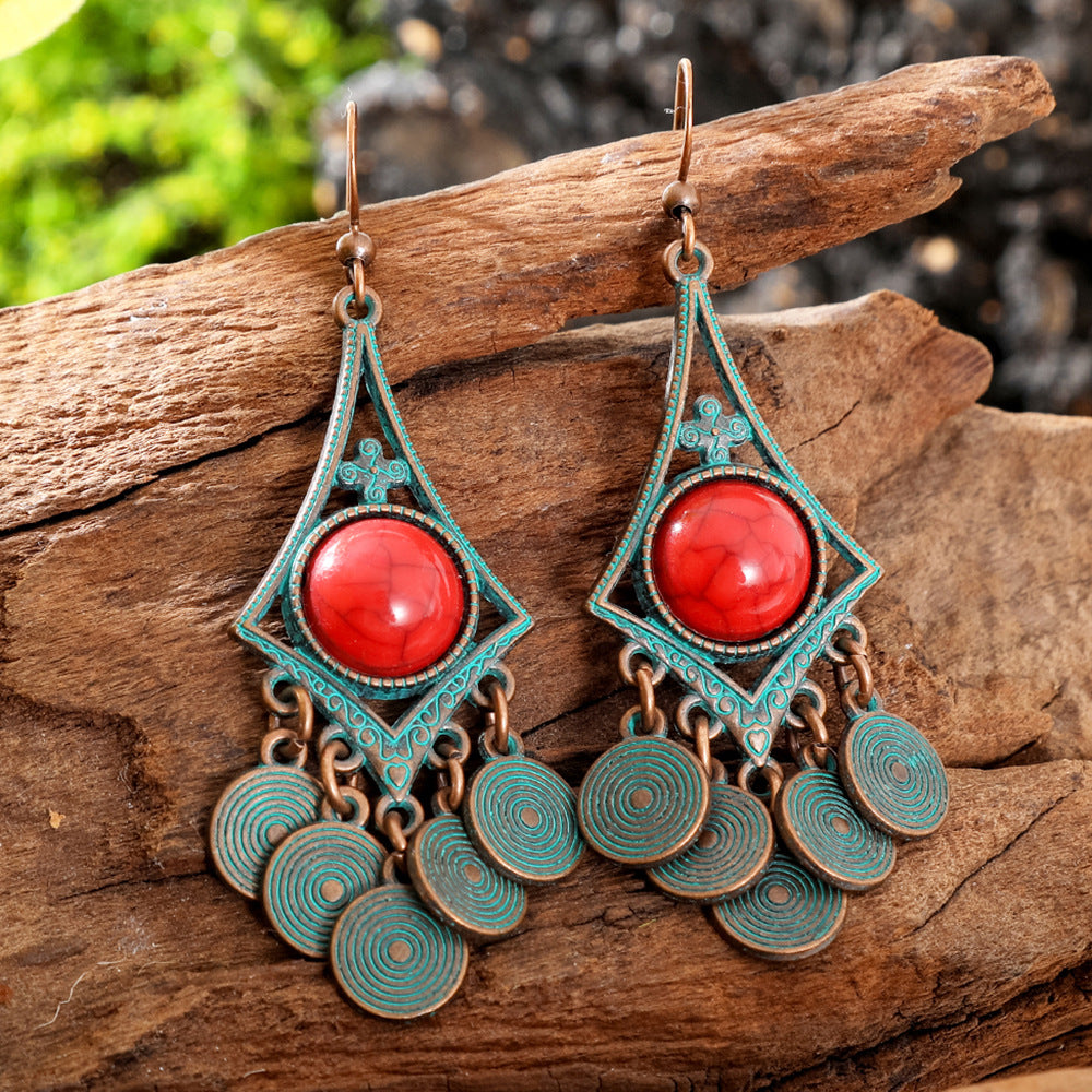 Bohemian Vintage Geometric Copper Tassel Earrings