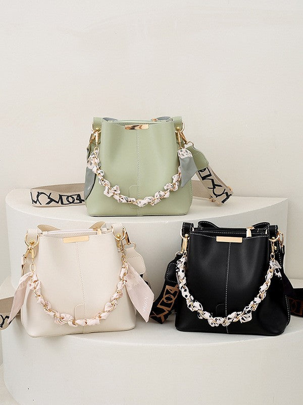 Trendy Candy Color Bucket Bag with Scarf Detailing