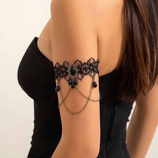 Gothic Lace Arm Chain With Black Water Drop Tassel