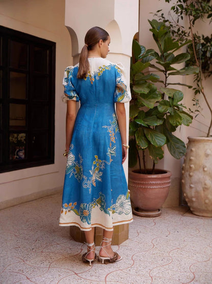Floral Print Linen Lantern Sleeve Dress Elegant Casual Fit