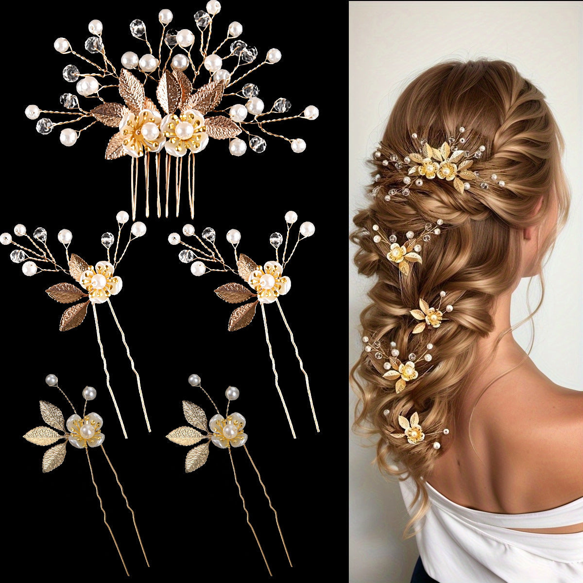 5-Piece Vintage Bridal Hair Clips with Pearls and Gold Leaves