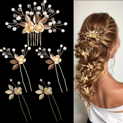 5-Piece Vintage Bridal Hair Clips with Pearls and Gold Leaves