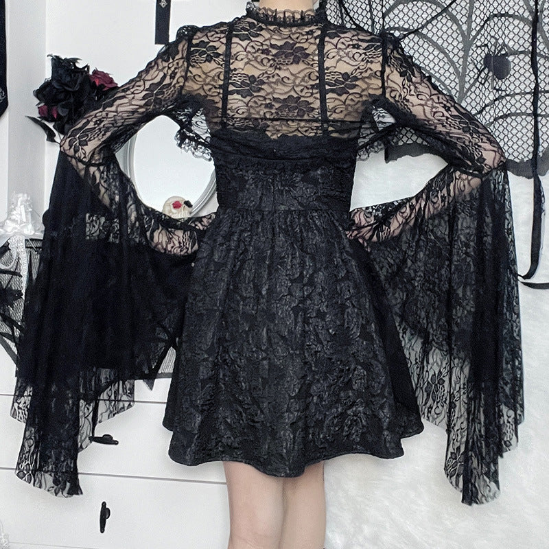 Chic Black Lace Crop Top with Flare Sleeves