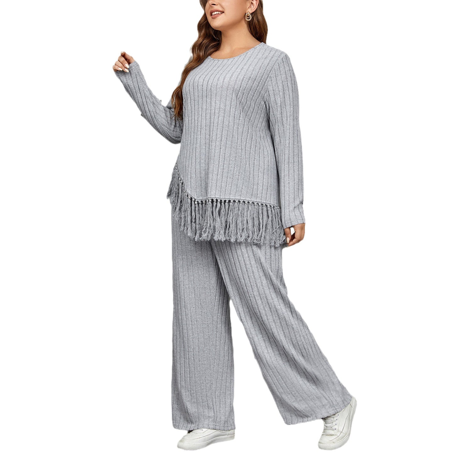 Casual Loose Long Sleeve Tassel Top And Wide Leg Pants Set