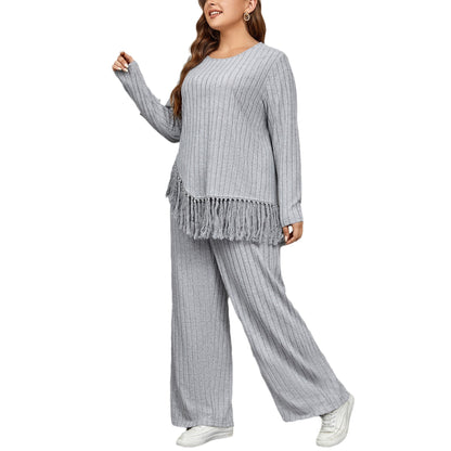 Casual Loose Long Sleeve Tassel Top And Wide Leg Pants Set
