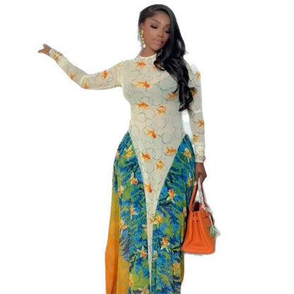 Color Block A-Line Dress Long Sleeve Round Neck Casual Dress