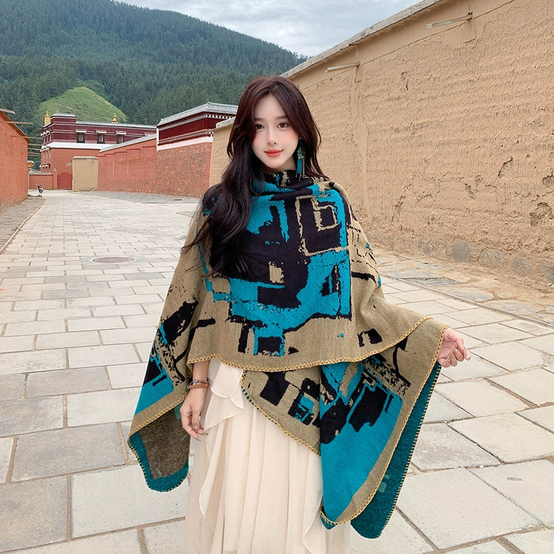Tibetan Great Retro Totem Red Warm Outer Shawl Women'S Scarf Autumn And Winter Cloak Big Cloak