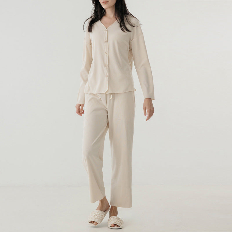 V-Neck Long Sleeve Pajama Set With Wide Leg Pants