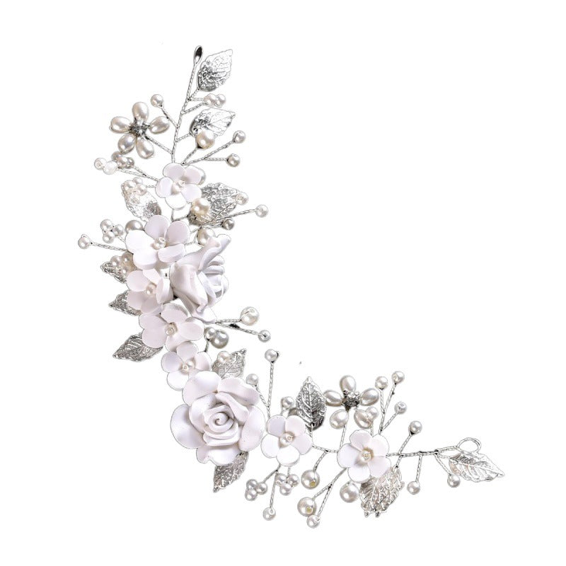 White Soft Clay Flower Headband with Silver Alloy Leaves for Weddings