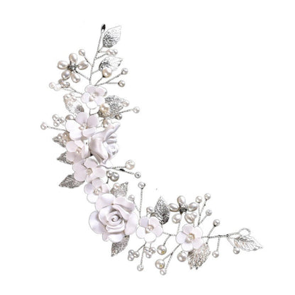 White Soft Clay Flower Headband with Silver Alloy Leaves for Weddings