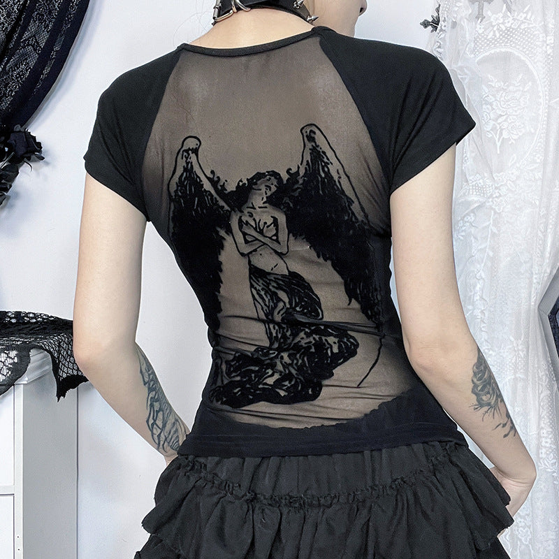 Gothic Style Graphic T-Shirt with Open Back