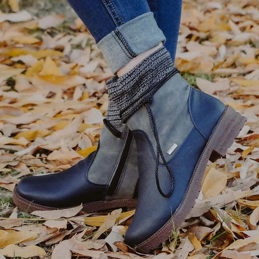 Round Toe Women'S Leather Boots With Side Zipper, Thick Heel, Warm Martin Boots, Low-Heeled Plus Size Women'S Boots