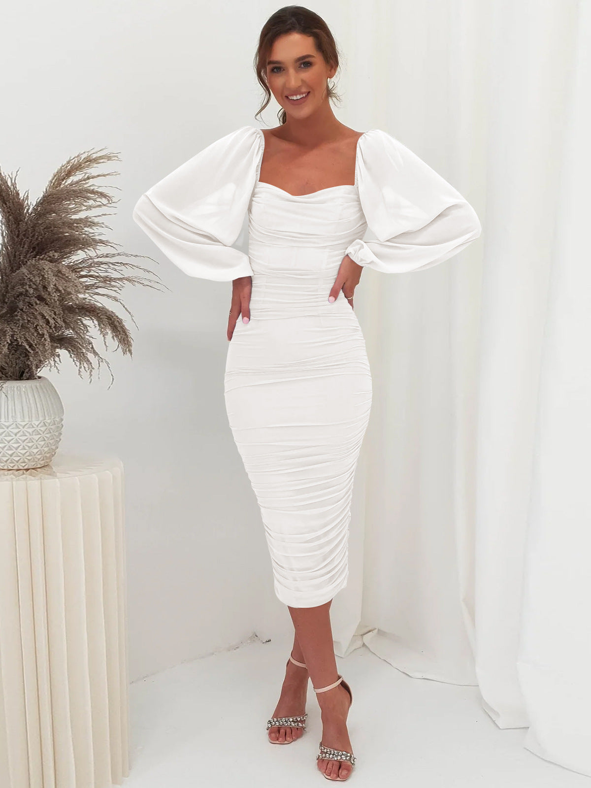 Lace Panel Maxi Dress Elegant Square Neck High Split Cocktail Dress