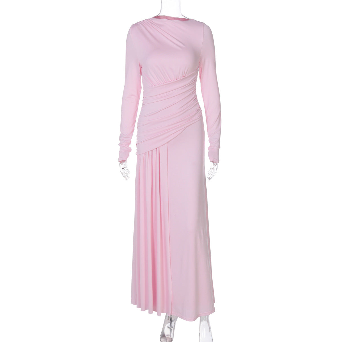 Elegant Ruched Zip-Up Long Sleeve Dress
