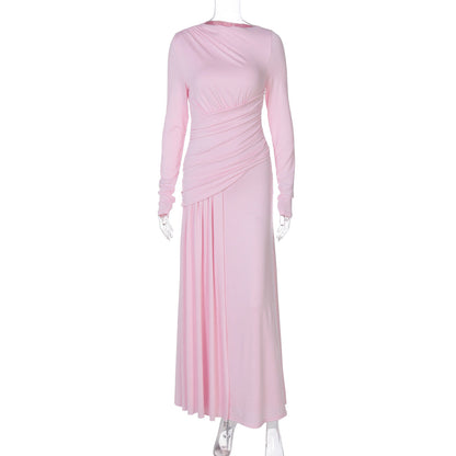 Elegant Ruched Zip-Up Long Sleeve Dress