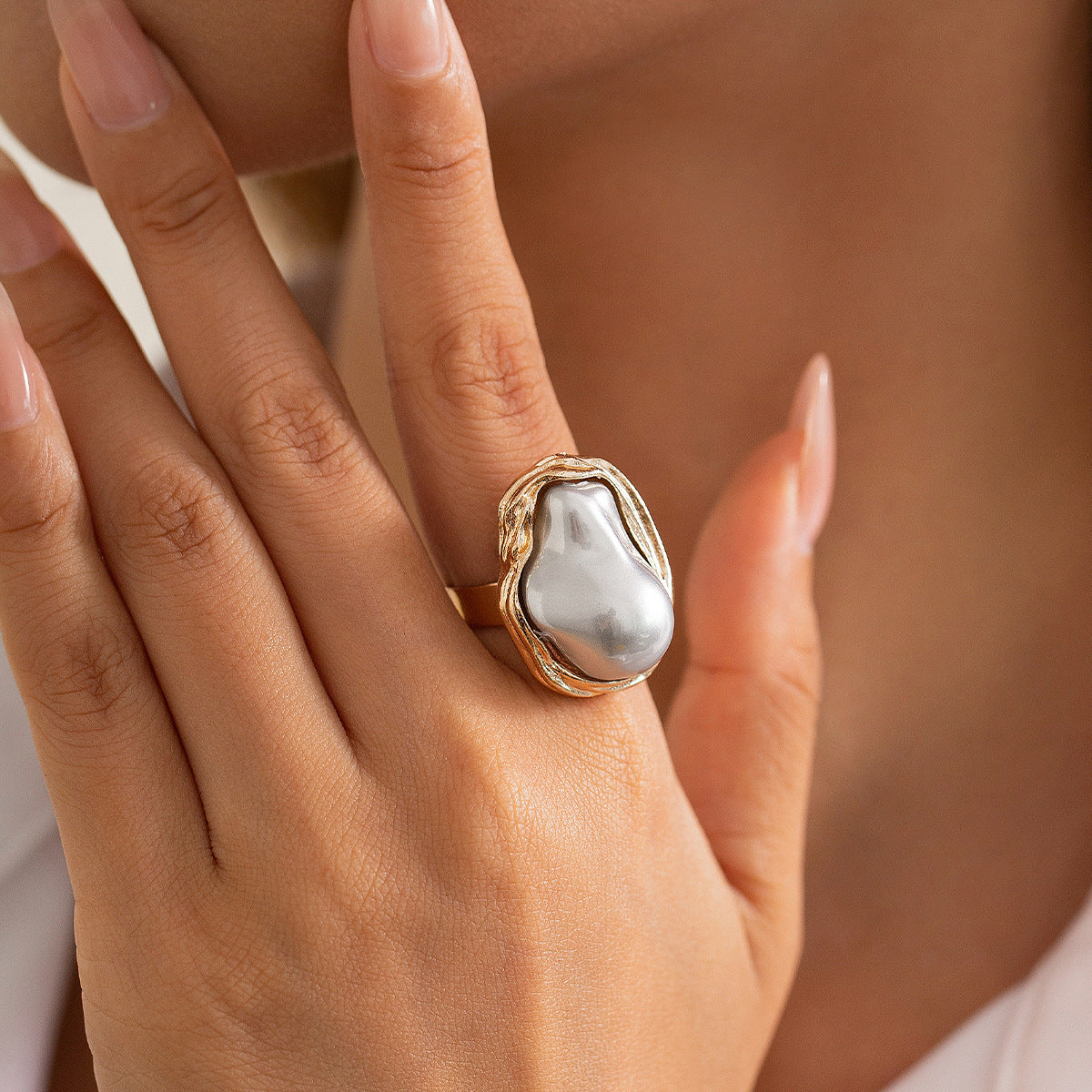 Baroque-Inspired Irregular Pearl Open Ring Elegant Geometric Jewelry