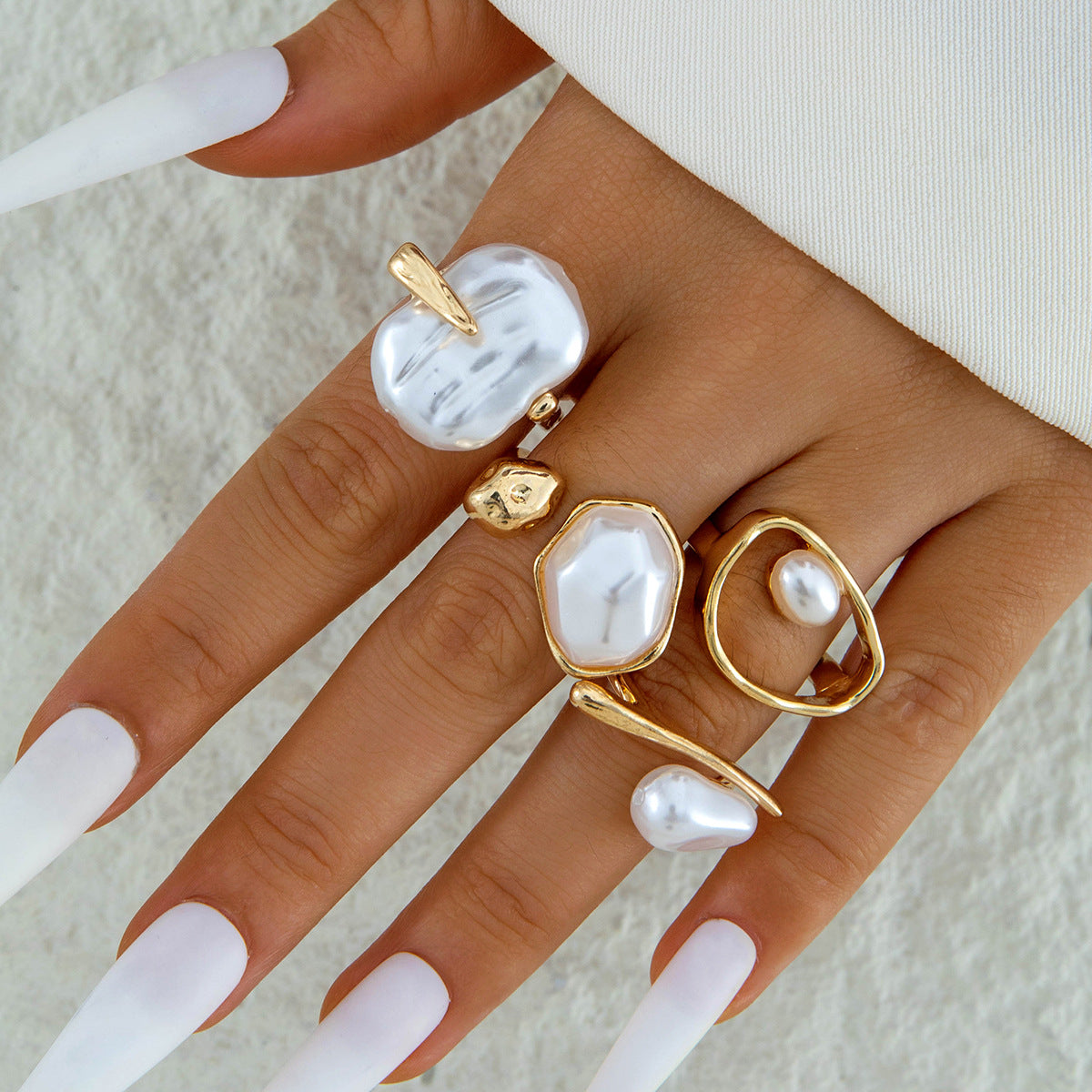 Stylish Geometric Pearl Ring Set Alloy Adjustable Fashion Ring