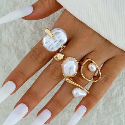 Stylish Geometric Pearl Ring Set Alloy Adjustable Fashion Ring