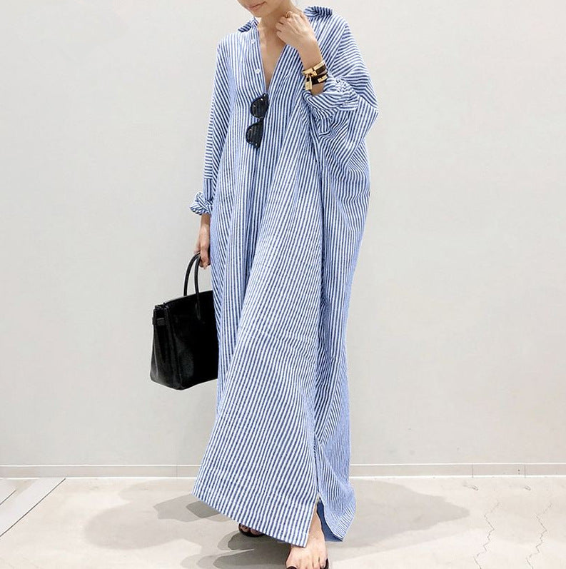 Cotton And Linen Striped Cardigan Loose Size Commuting Irregular Dress