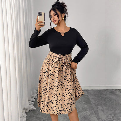 Plus Size Leopard Print Long Sleeve Dress with Belt